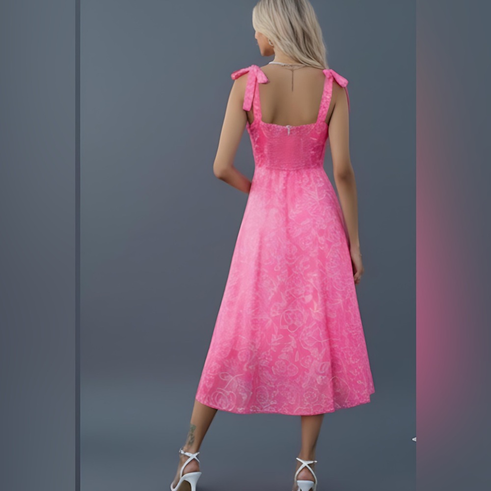 Last One 🔥 Pink Chiffon Floral Print Tie Shoulder Ruched Bust Cami Dress - Picture 5 of 8